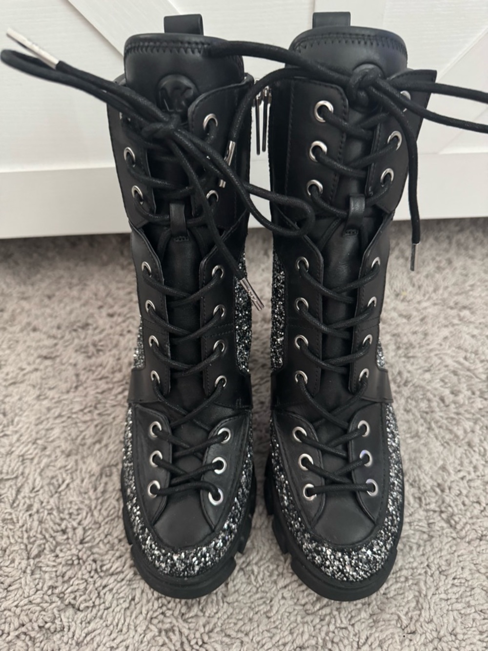 Michael Kors Black Lace-Up Combat Boots with Silver Glitter Accents